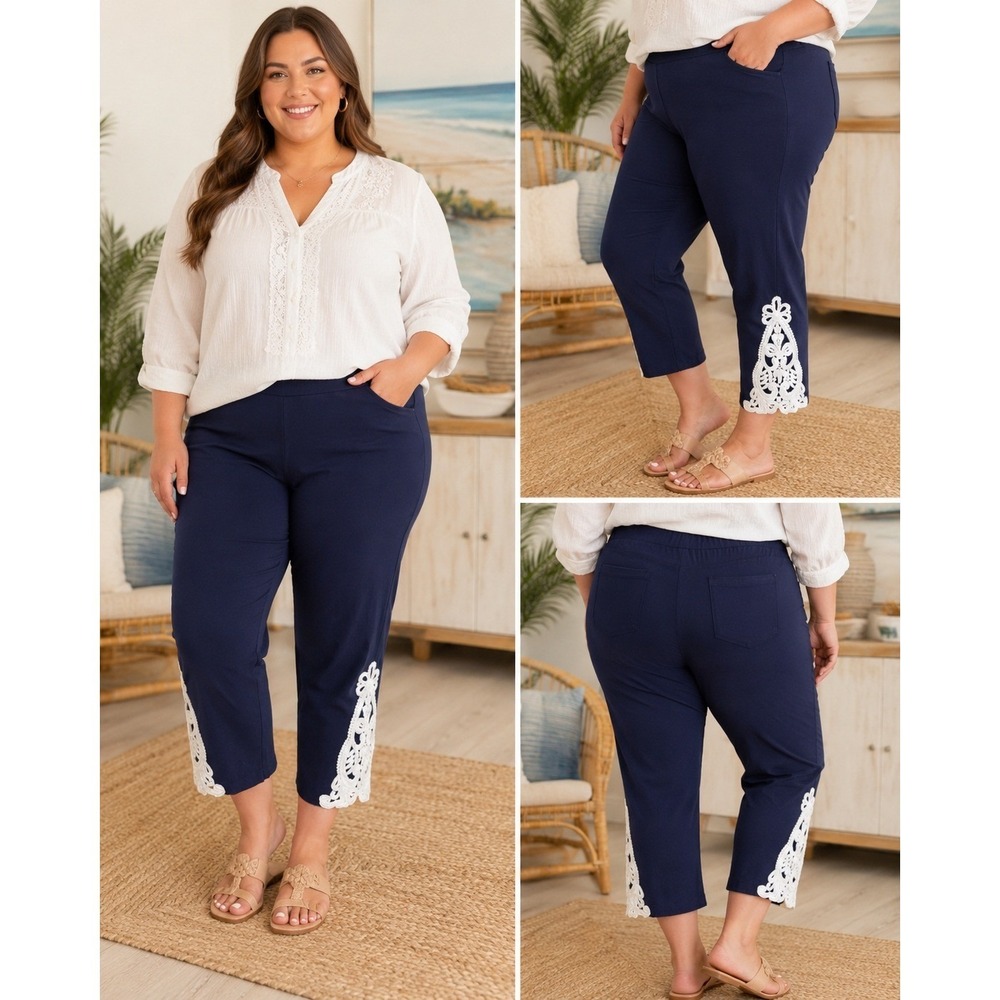 Amaryllis 3X Navy Stretch Pants White Lace ankle Pull On Plus Size Boho Coastal